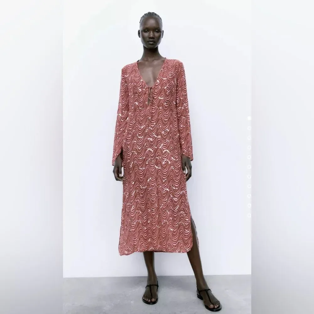 ZARA NWT WOMAN BEADED MIDI DRESS PINK - Picture 5 of 11